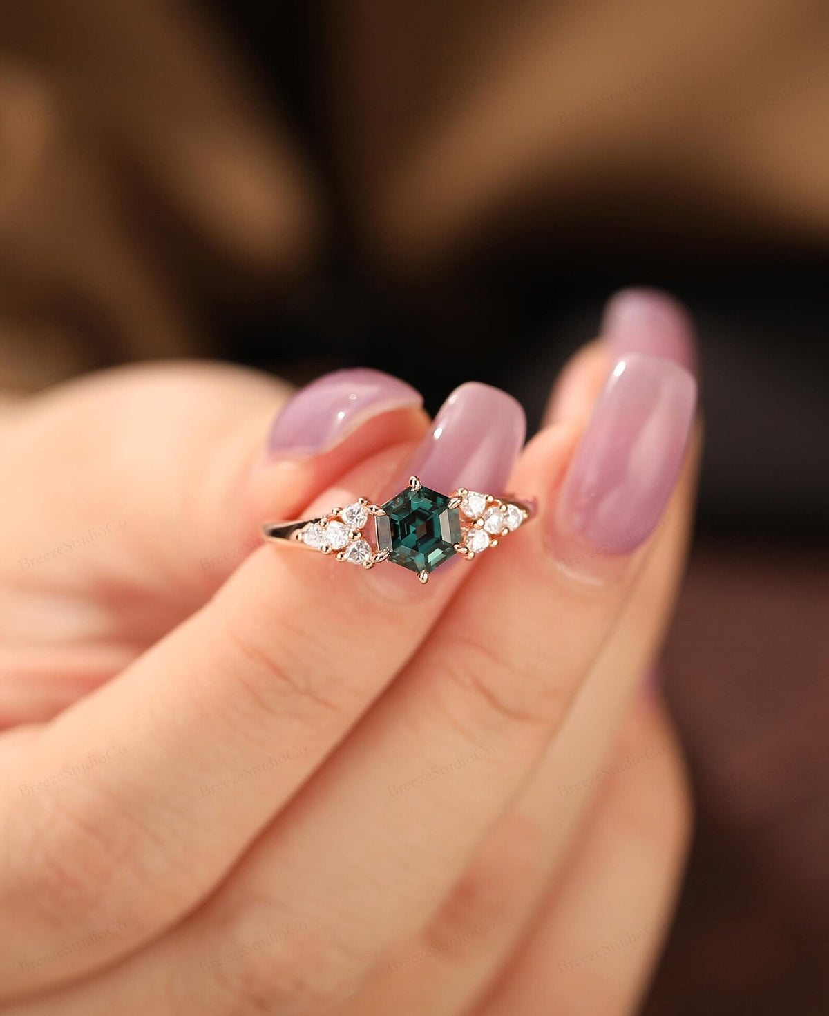 Hexagon Teal Sapphire Engagement Ring,